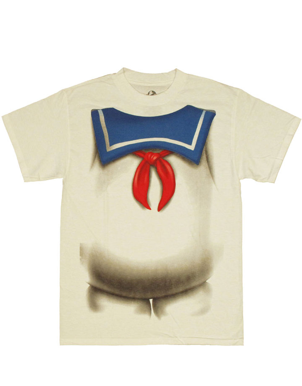 Stay Puft costume graphic on a white adult t-shirt.