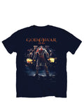 God of War gates of Olympus graphic on a navy blue adult t-shirt.