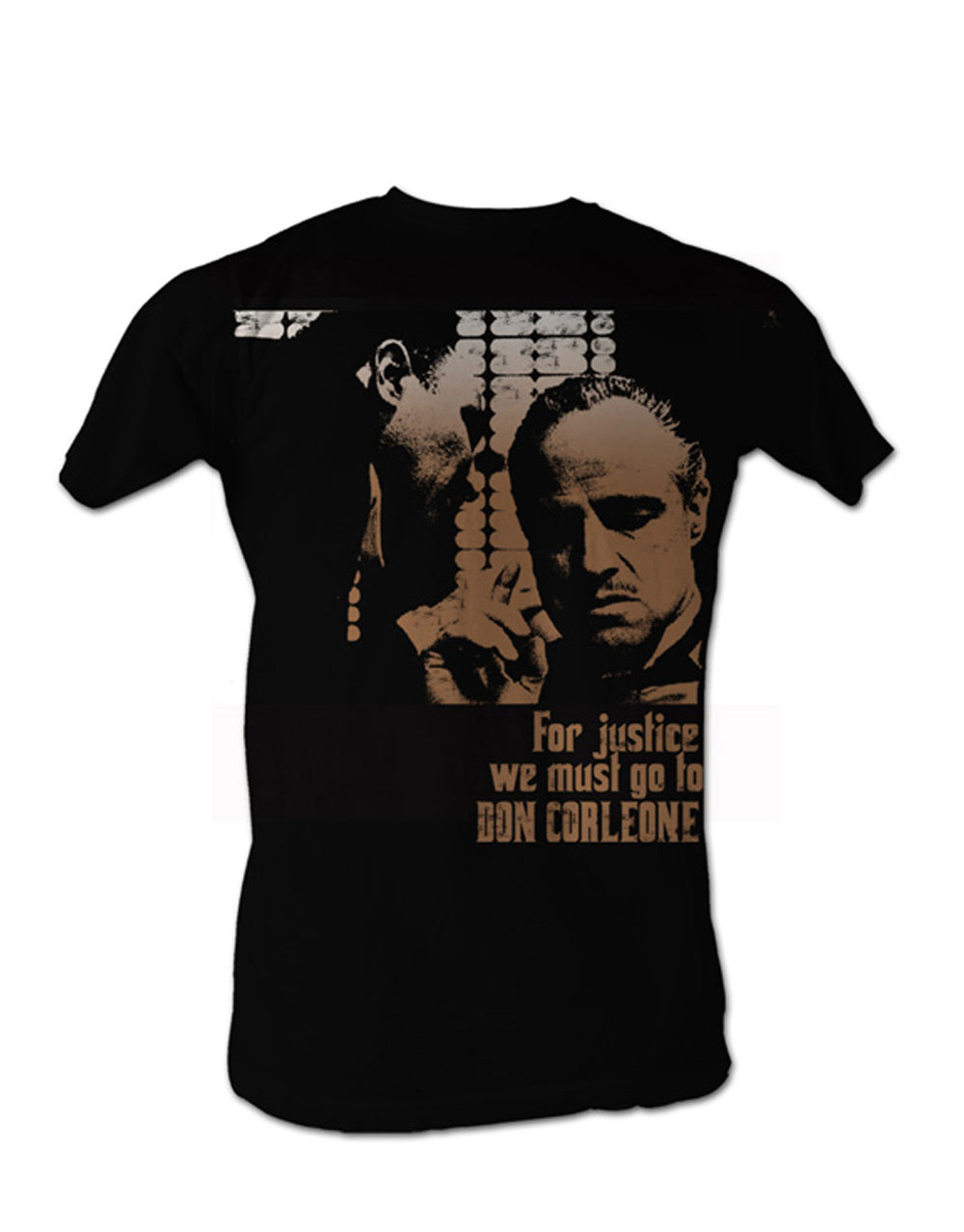 The Godfather justice Don Corleone graphic on a black adult t-shirt.