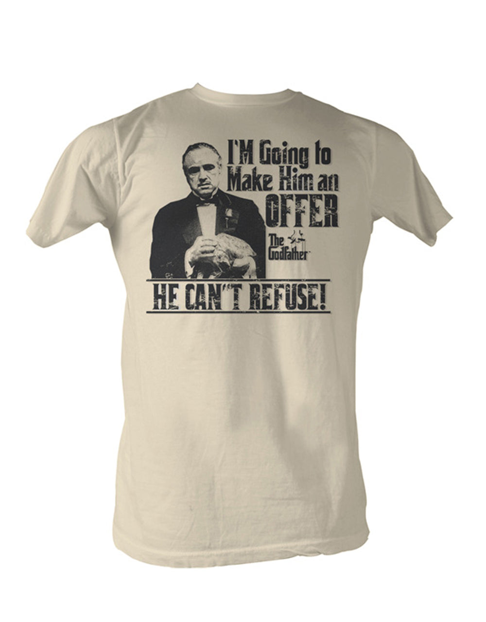 The Godfather offer graphic on a french vanilla adult t-shirt.