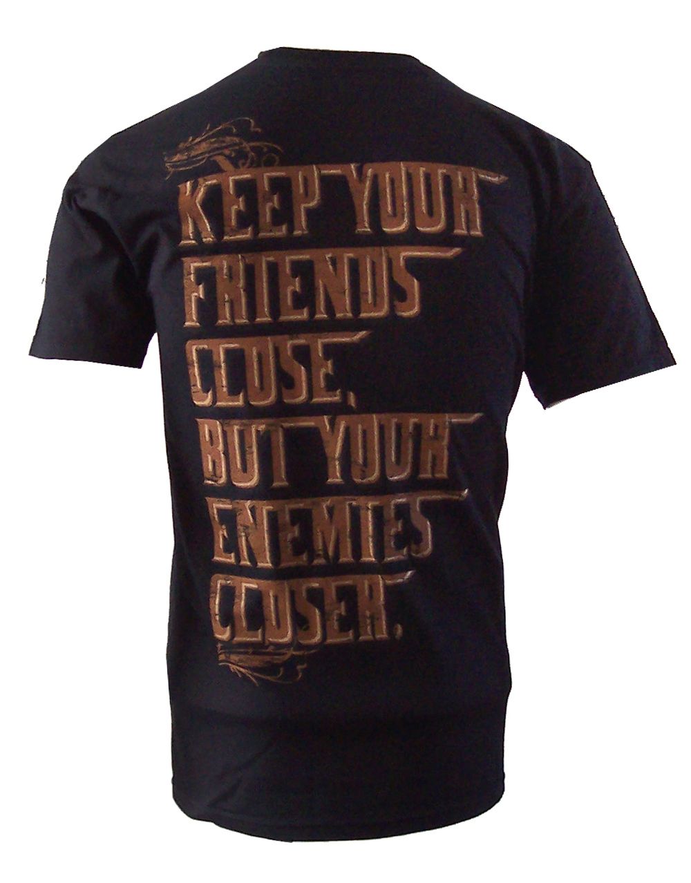 The Godfather enemies closer graphic on a black adult t-shirt.