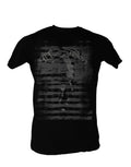 The Godfather striped graphic on a black adult t-shirt.