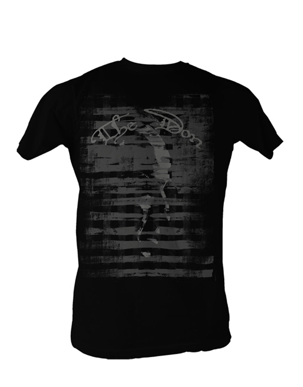 The Godfather striped graphic on a black adult t-shirt.