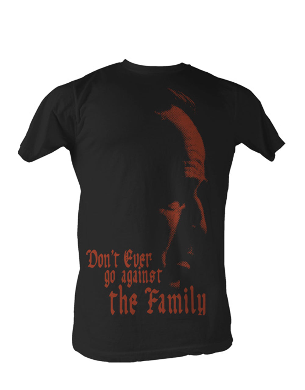 The Godfather family graphic on a black adult t-shirt.