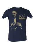 The Godfather Don graphic on a navy blue adult t-shirt.