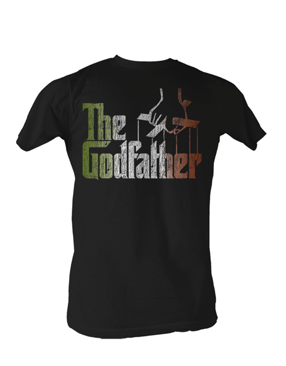The Godfather Italian logo graphic on a black adult t-shirt.