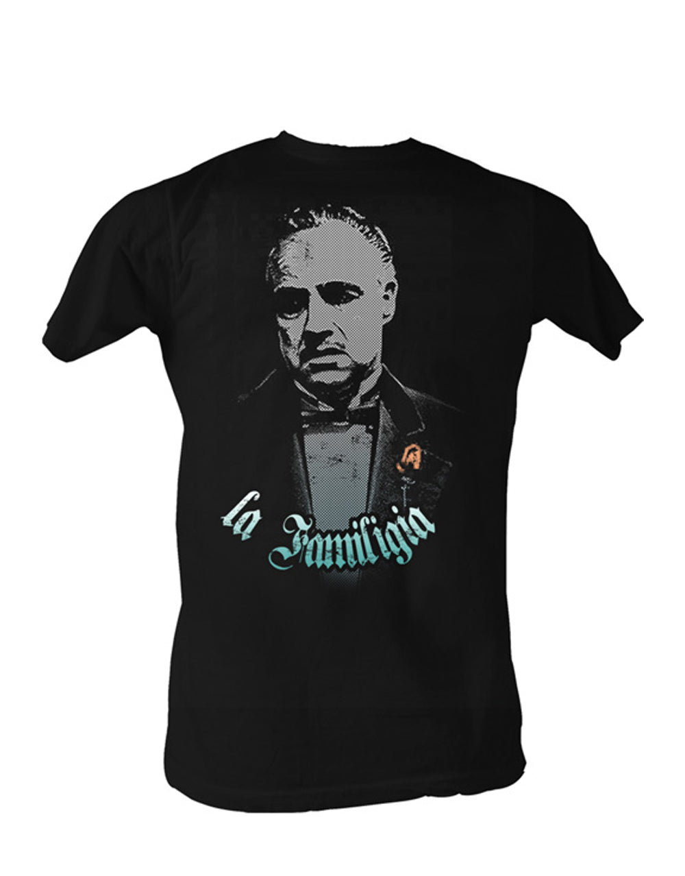 The Godfather la famiglia graphic on a black adult t-shirt.