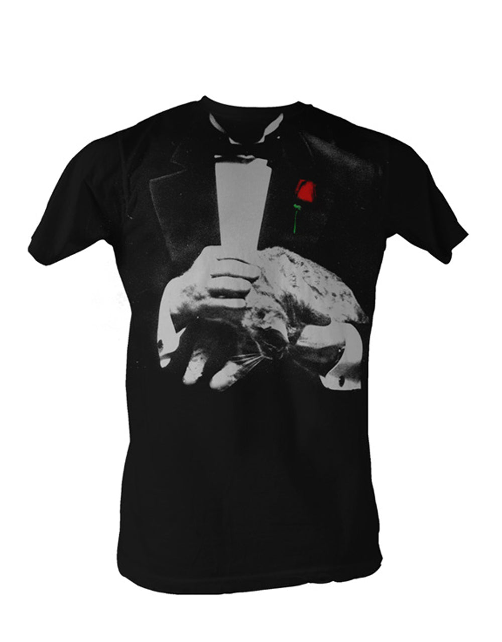 The Godfather costume graphic on a black adult t-shirt.