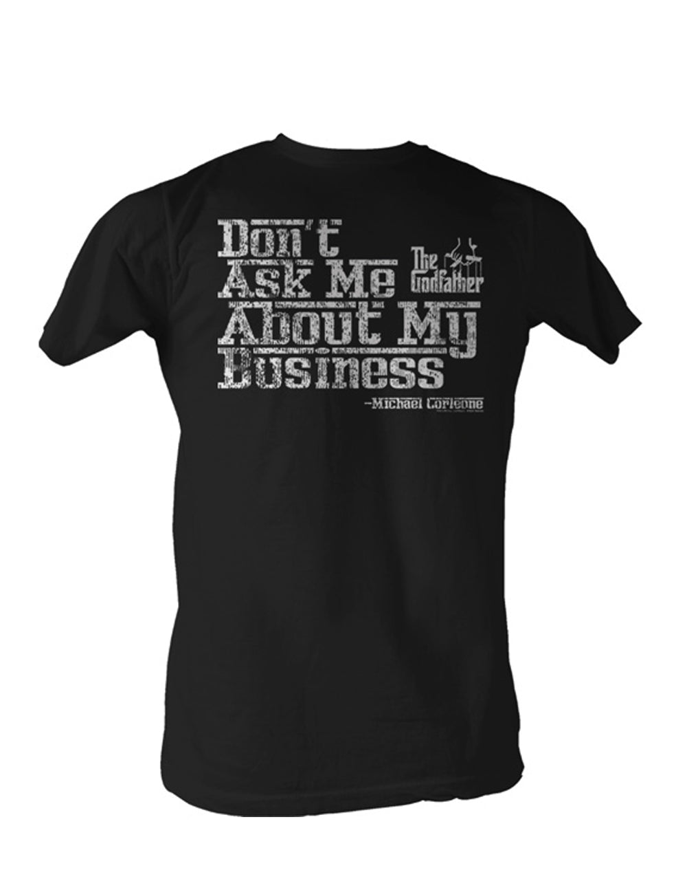 The Godfather business graphic on a black adult t-shirt.