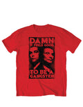 Goodfellas gangster graphic on a red adult t-shirt.