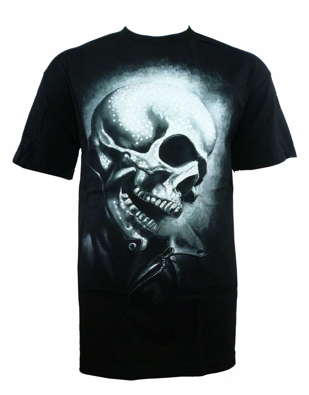 Ghost Rider muerte accented bling graphic on a black adult t-shirt.