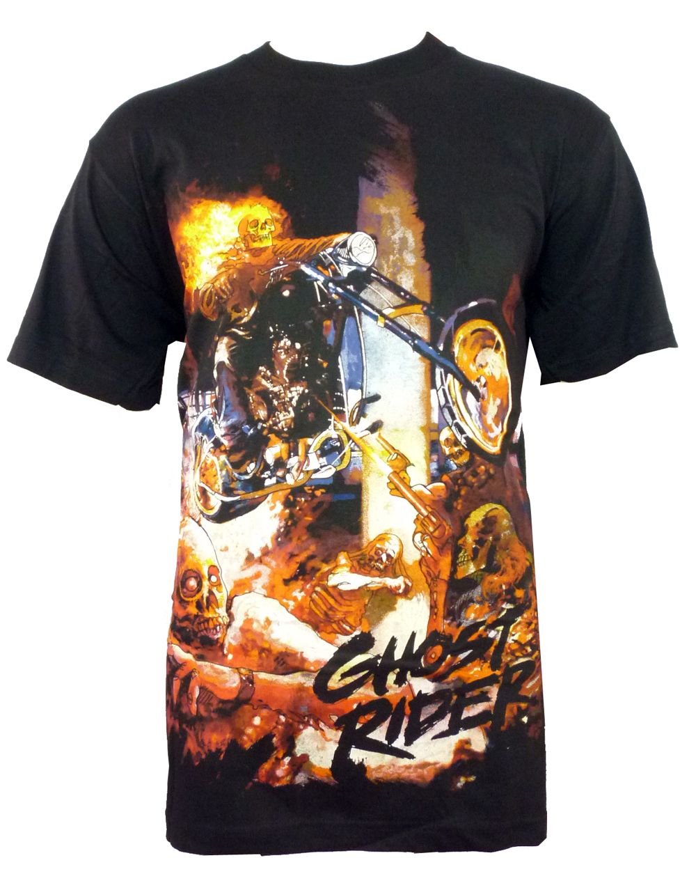 Ghost Rider zombie flaming bike graphic on a black adult t-shirt.