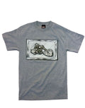 Ghost Rider bike foil graphic on a grey adult t-shirt.