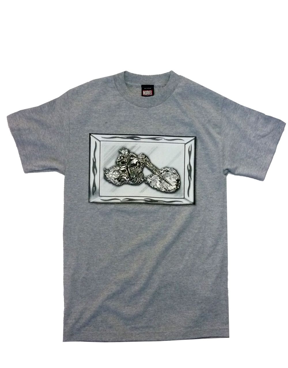 Ghost Rider bike foil graphic on a grey adult t-shirt.