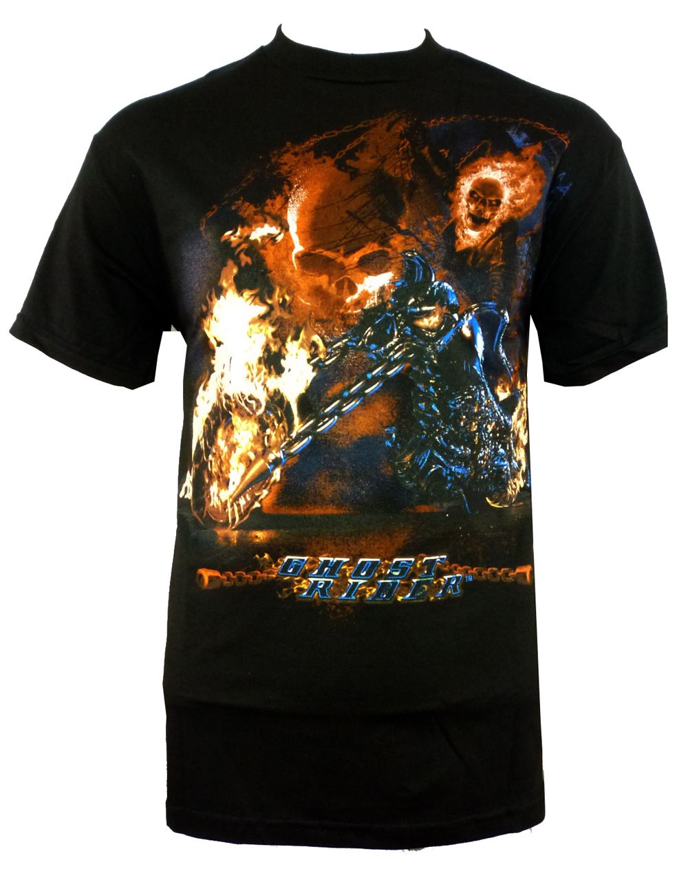 Ghost Rider flaming bike graphic on a black adult t-shirt.