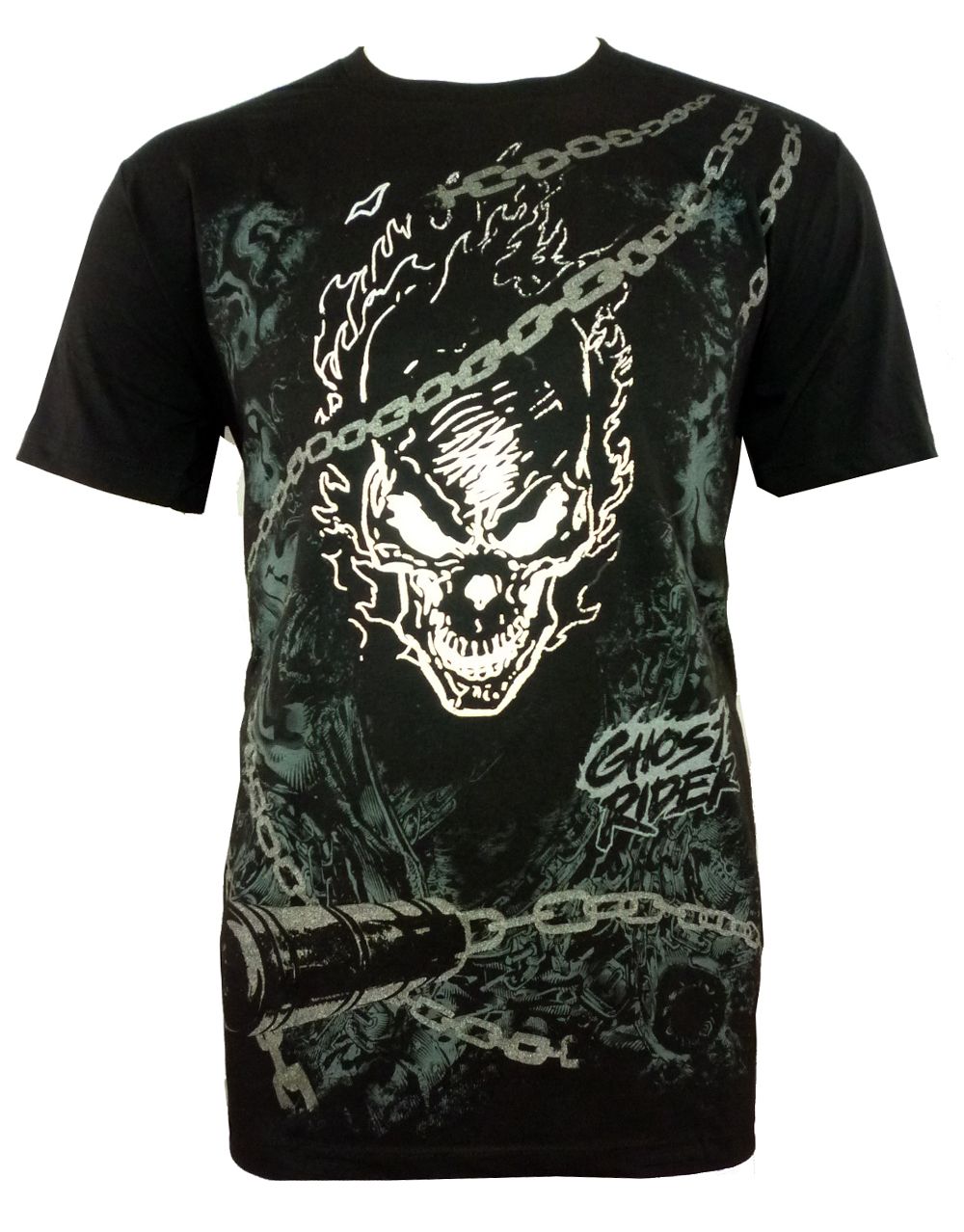 Ghost Rider silver skull chains graphic on a black adult t-shirt.
