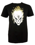 Ghost Rider gold flame skull graphic on a black adult t-shirt.