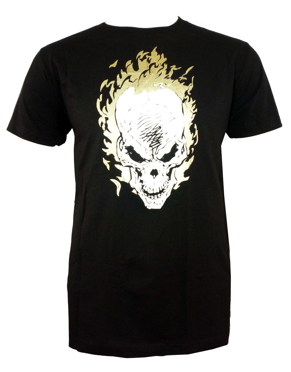 Ghost Rider gold flame skull graphic on a black adult t-shirt.
