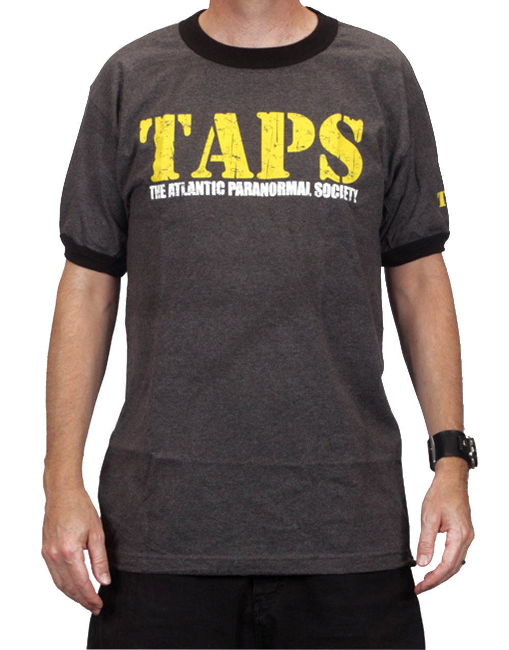 Ghost Hunters super basic graphic on a charcoal black ringer adult t-shirt.