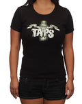 Ghost Hunters TAPS ghost logo graphic on a black women's t-shirt.