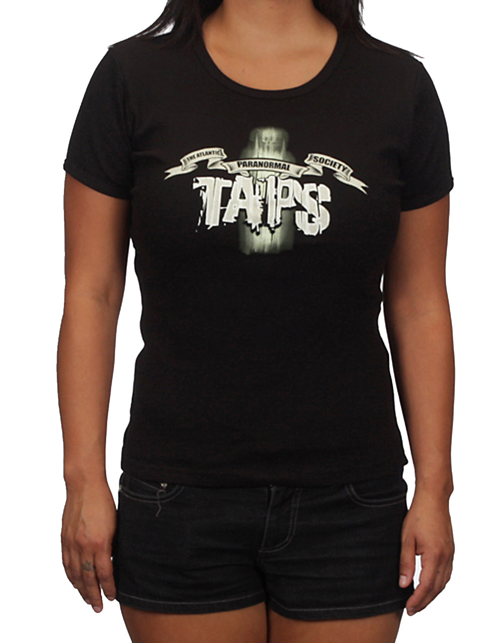 Ghost Hunters TAPS ghost logo graphic on a black women's t-shirt.