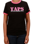 Ghost Hunters TAPS super basic graphic on a black pink ringer women's t-shirt.