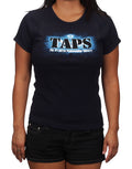 Ghost Hunters TAPS paranormal graphic on a navy blue women's t-shirt.