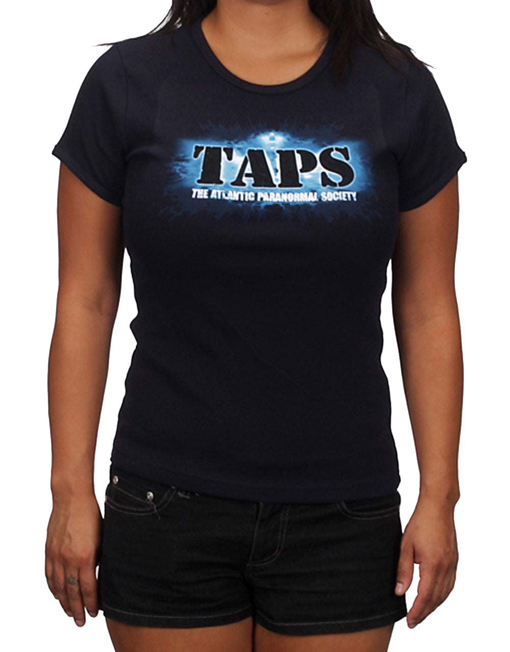 Ghost Hunters TAPS paranormal graphic on a navy blue women's t-shirt.
