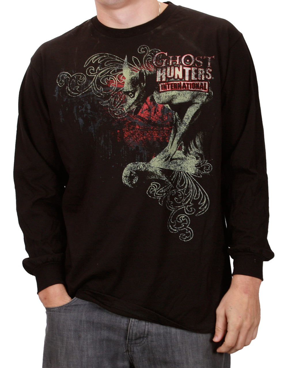 Ghost Hunters international gargoyle graphic on a black adult long sleeve top.
