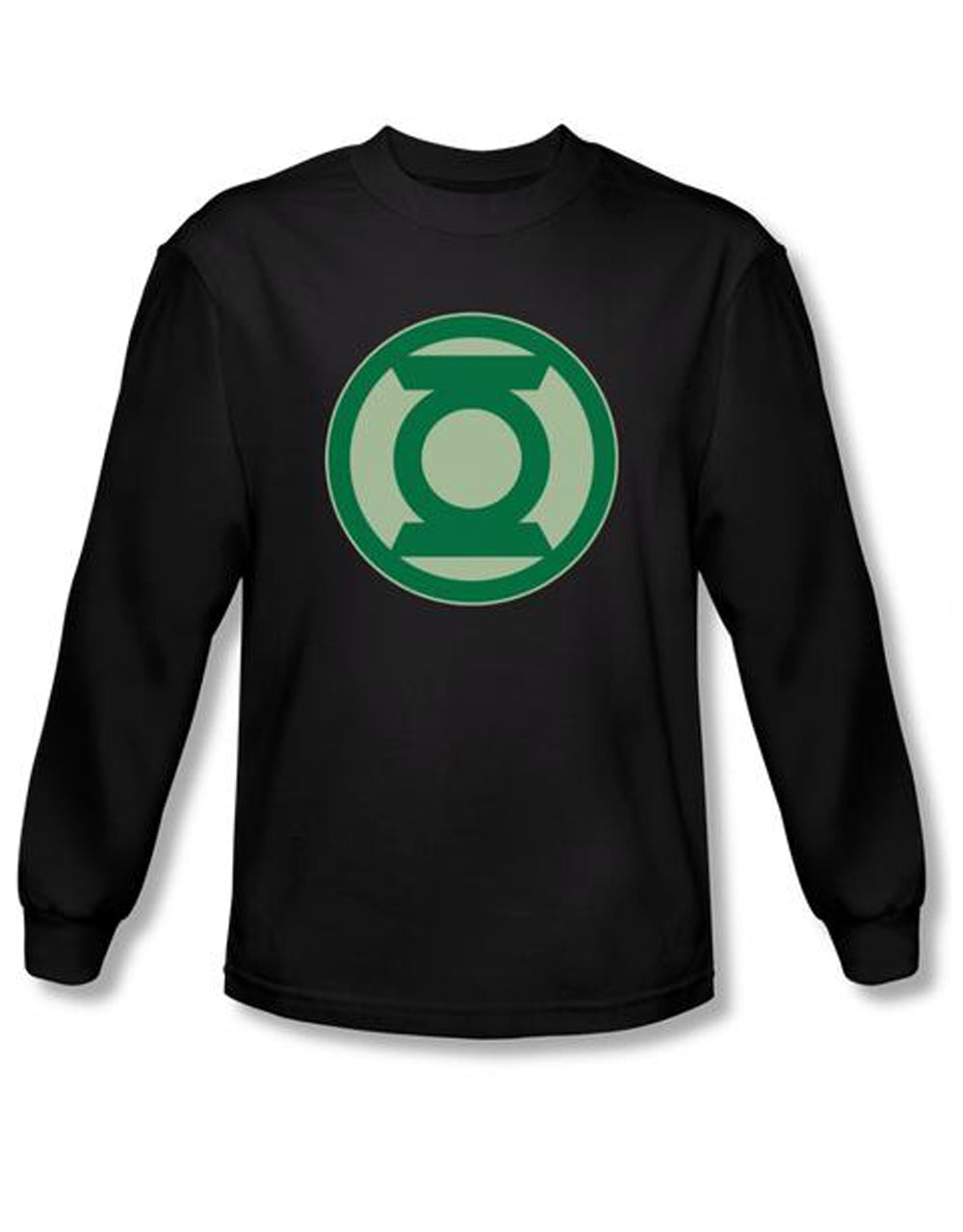 Green symbol neon logo graphic on a black adult long sleeve top.