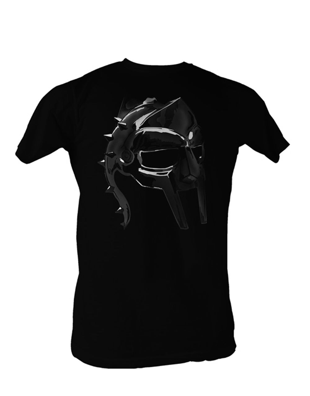 Gladiator Maximus Decimus Meridius helmet graphic on a black adult t-shirt.