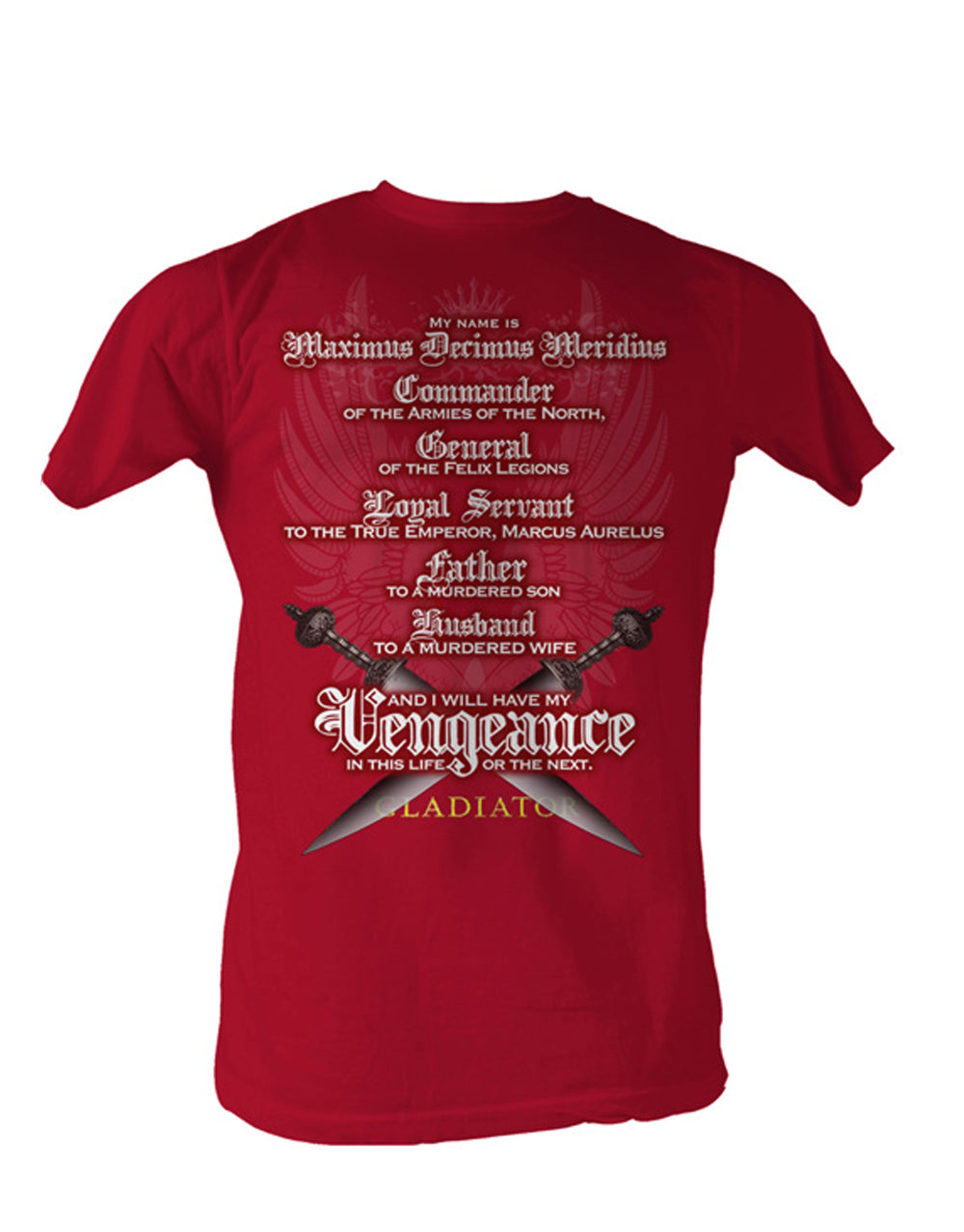 Gladiator Maximus Decimus Meridius graphic on a red adult t-shirt.