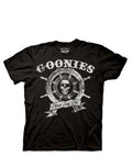 The Goonies captain's wheel graphic on a black adult t-shirt.