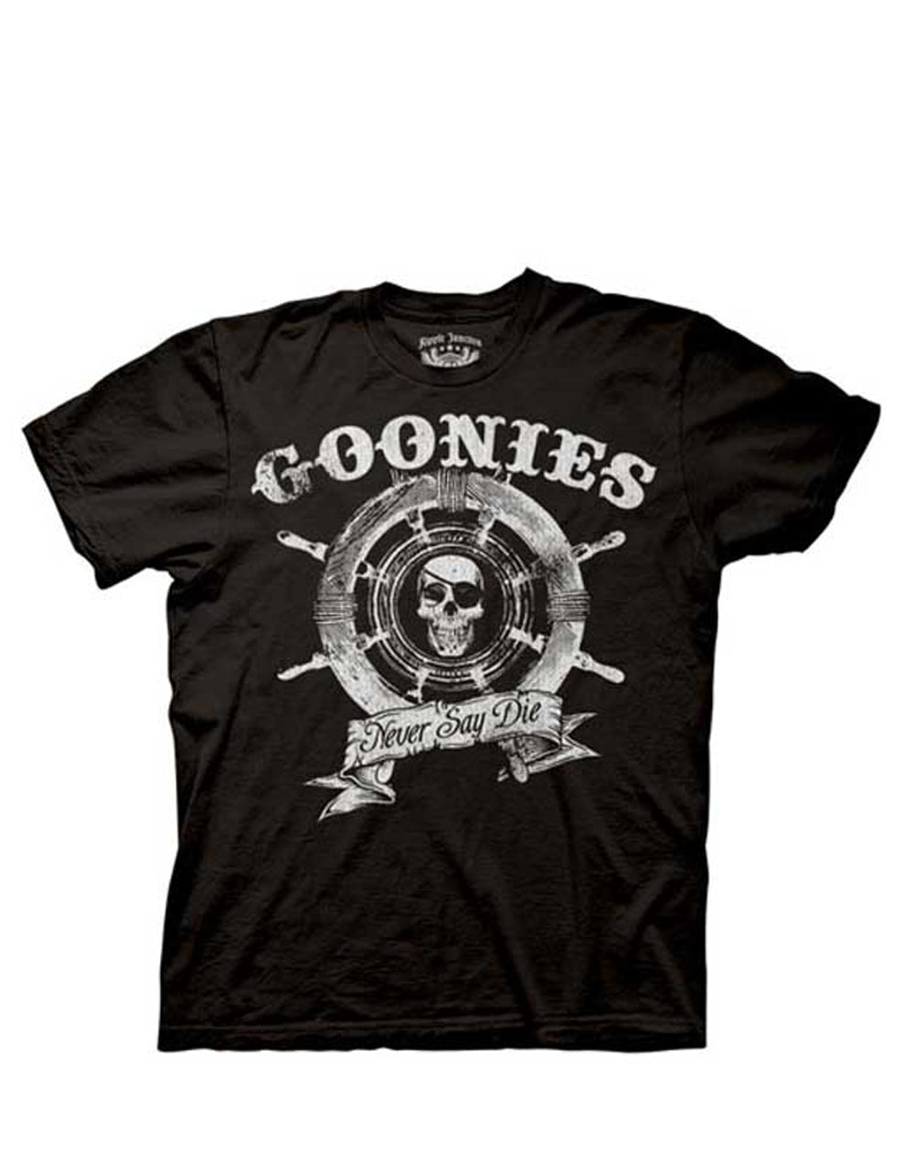 The Goonies captain's wheel graphic on a black adult t-shirt.