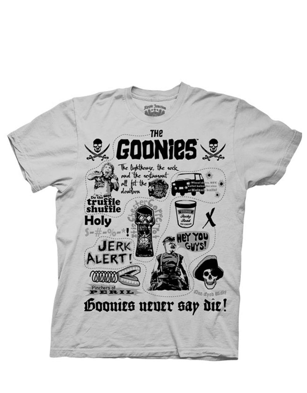 The Goonies spoiler graphic on a grey adult t-shirt.