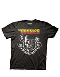 The Goonies character faces graphic on a black adult t-shirt.