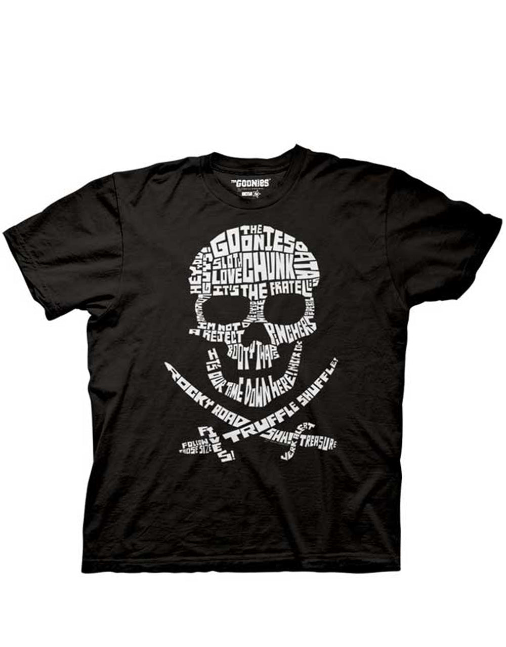 The Goonies quote skull graphic on a black adult t-shirt.