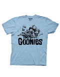 The Goonies group at the lighthouse graphic on a heathered royal blue adult t-shirt.