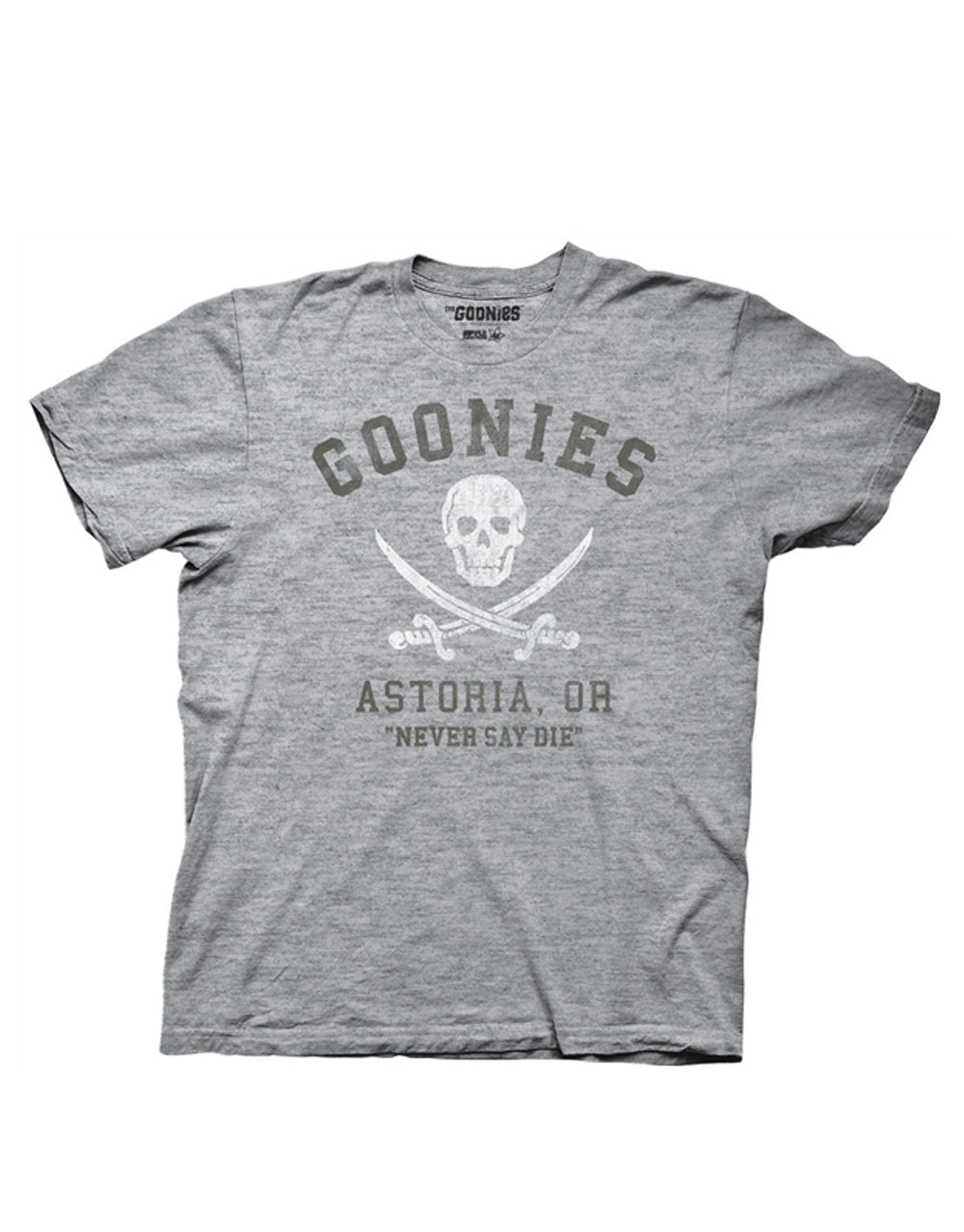 The Goonies Astoria graphic on a heathered grey adult t-shirt.