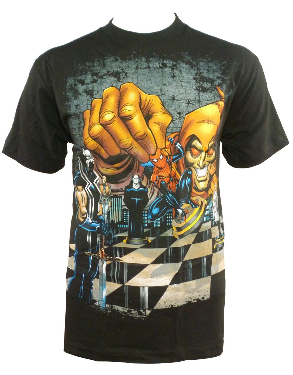 Green Goblin chess graphic on a black adult t-shirt.