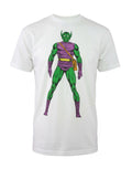 Green Goblin stance graphic on a white adult t-shirt.