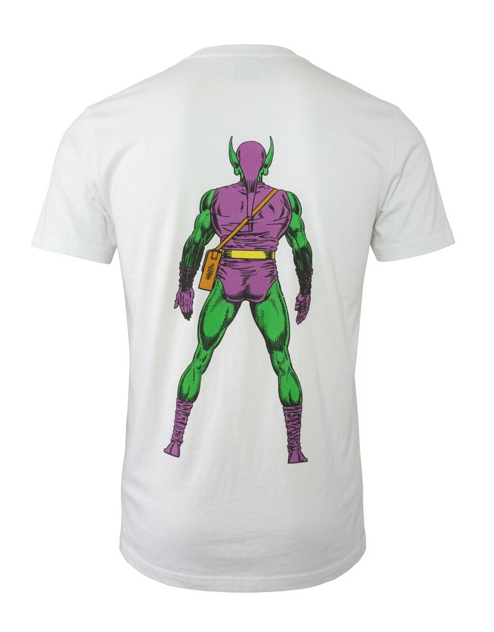 Green Goblin stance graphic on a white adult t-shirt.