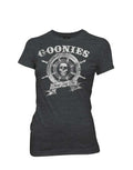 Captains wheel graphic on a heathered dark grey women's t-shirt.