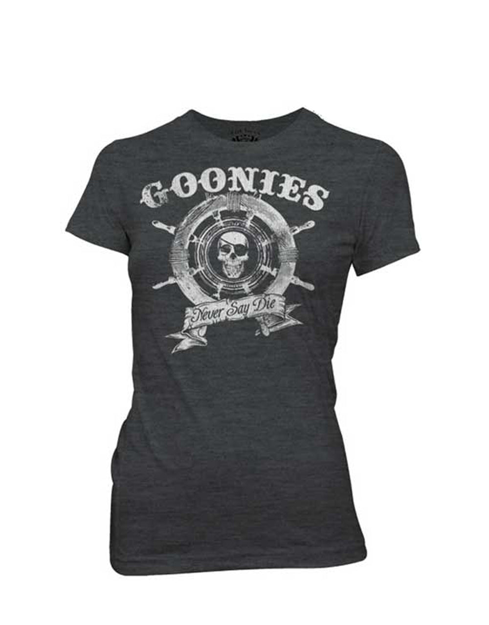 Captains wheel graphic on a heathered dark grey women's t-shirt.