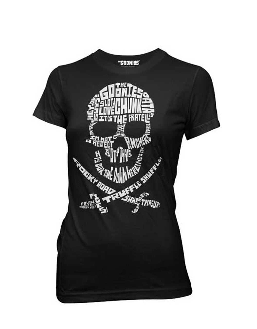 Skull quote graphic on a black women's t-shirt.
