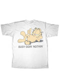 Garfield lazy graphic on a white adult t-shirt.