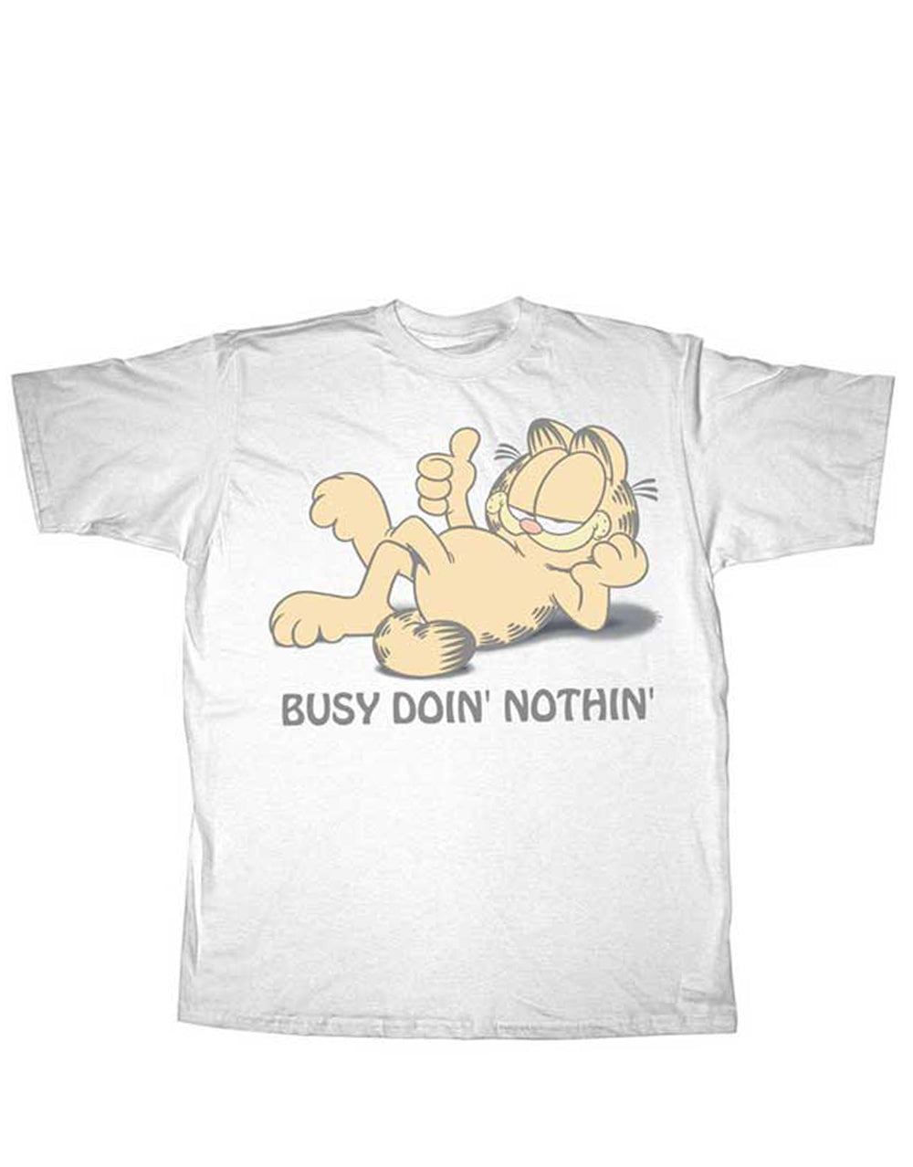 Garfield lazy graphic on a white adult t-shirt.