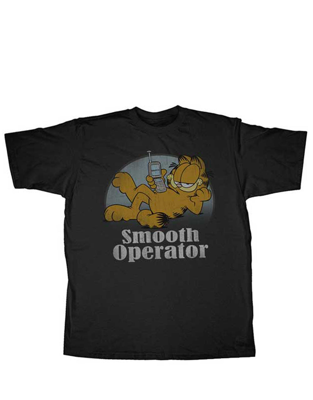 Garfield smooth cat graphic on a black adult t-shirt.