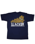 Garfield slacker graphic on a navy blue adult t-shirt.