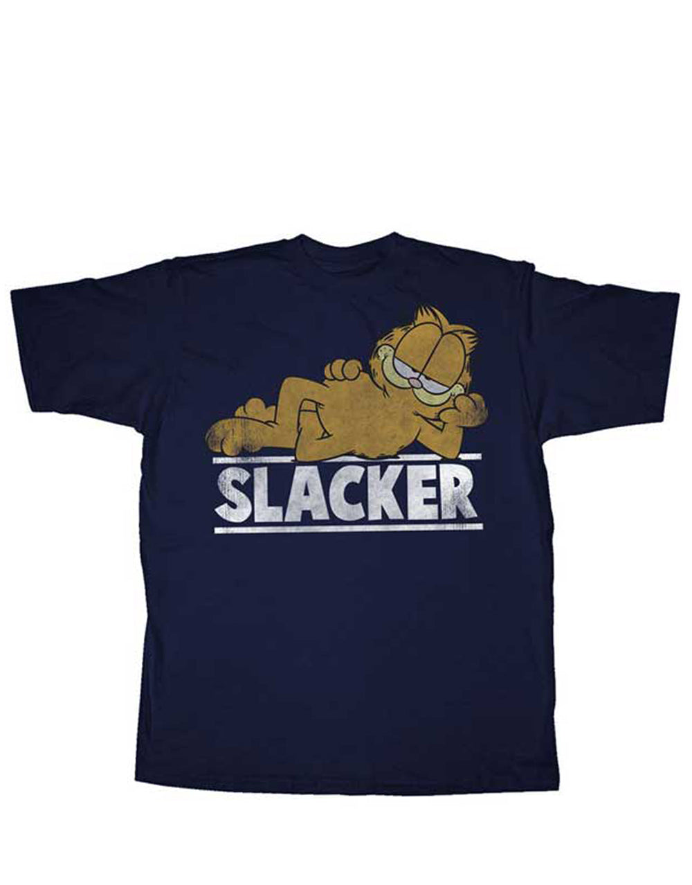 Garfield slacker graphic on a navy blue adult t-shirt.